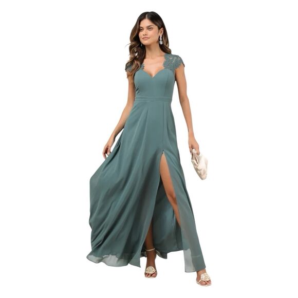 Lulus Momentous Moments Maxi Dress Womens M Lace Backless Green Event Prom NWT - Picture 1 of 8